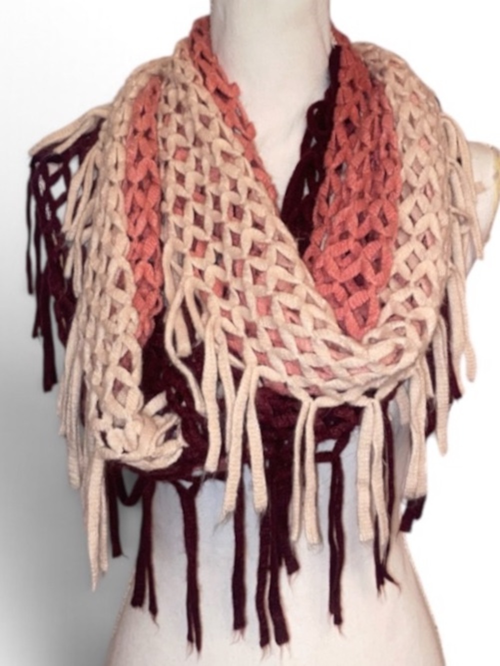 OPEN KNIT INFINITY SCARF with Fringe in Ombré Cream, Pink and Burgundy